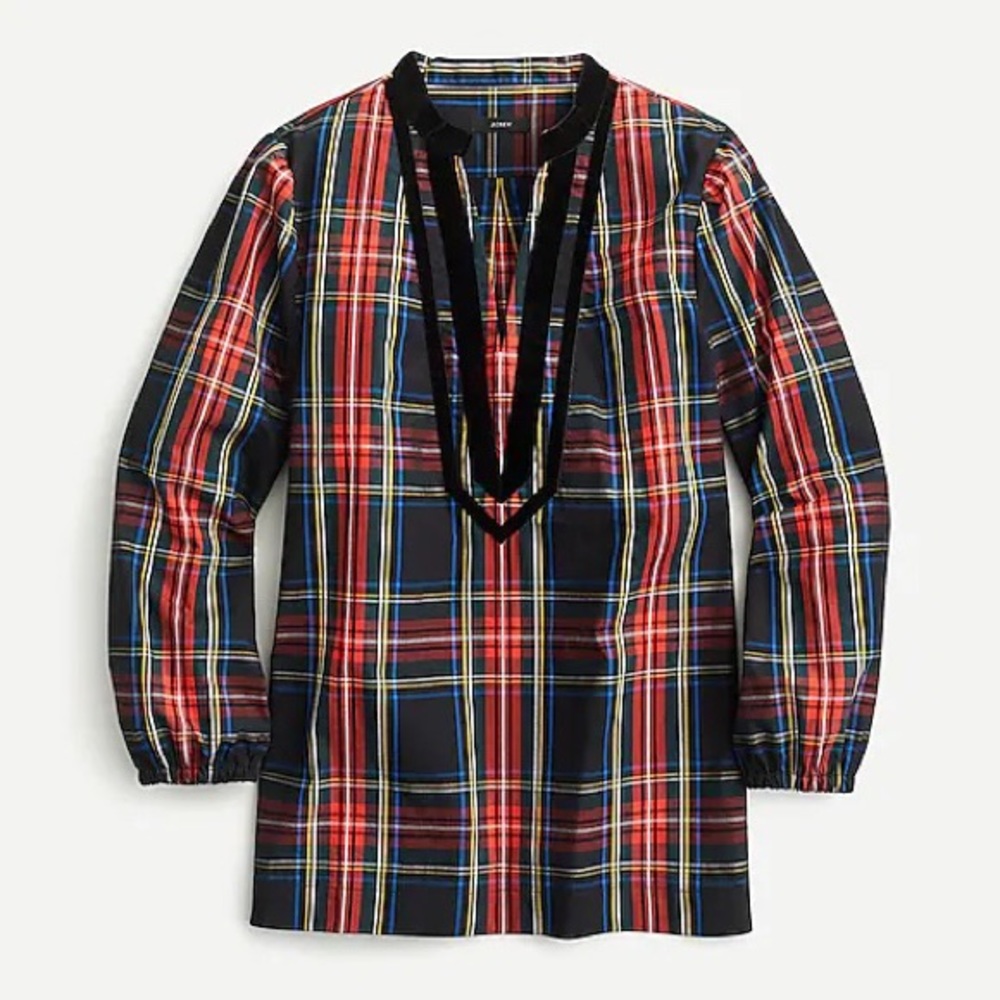J. Crew Red and Navy Plaid Velvet-Trim Tunic